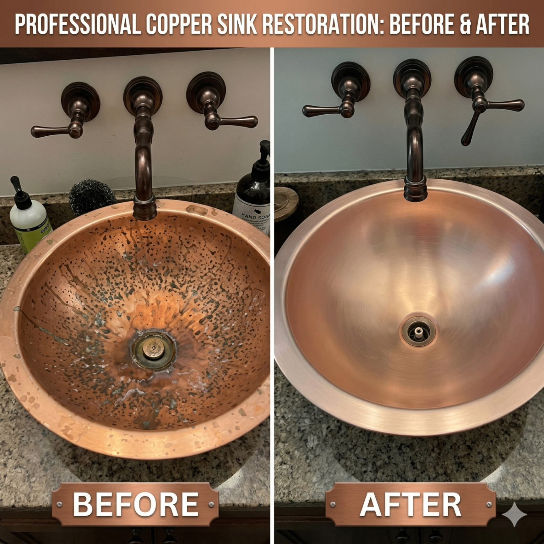 Professional copper sink restoration before and after